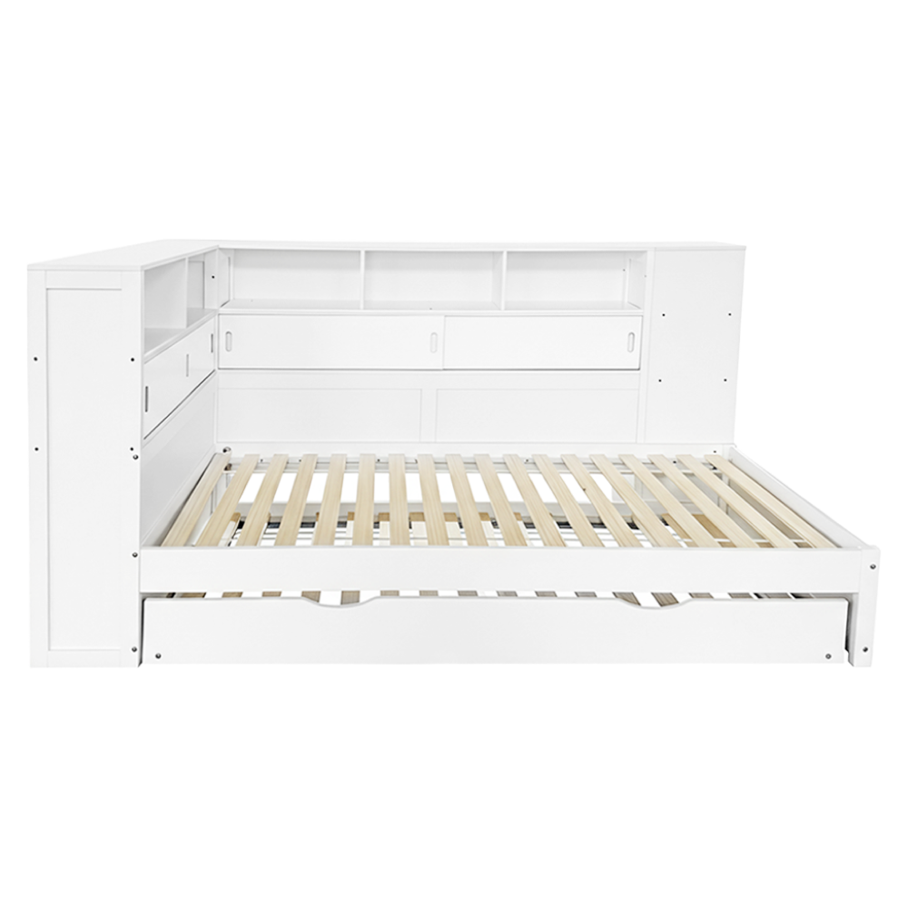 Posteľ s regálmi a prístelkou, biela, 90x200, LENDON