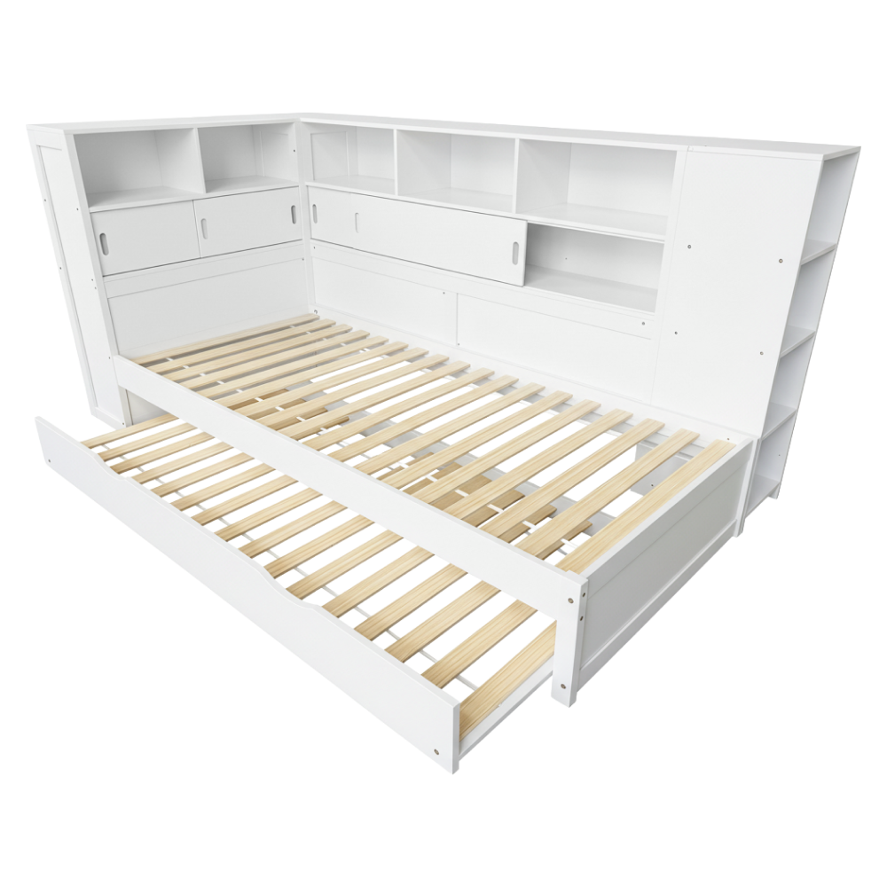 Posteľ s regálmi a prístelkou, biela, 90x200, LENDON