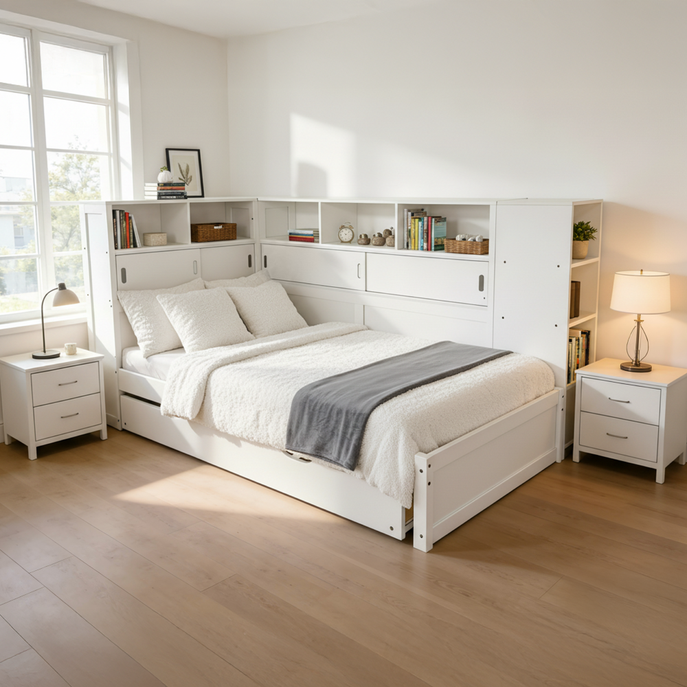 Posteľ s regálmi a prístelkou, biela, 90x200, LENDON
