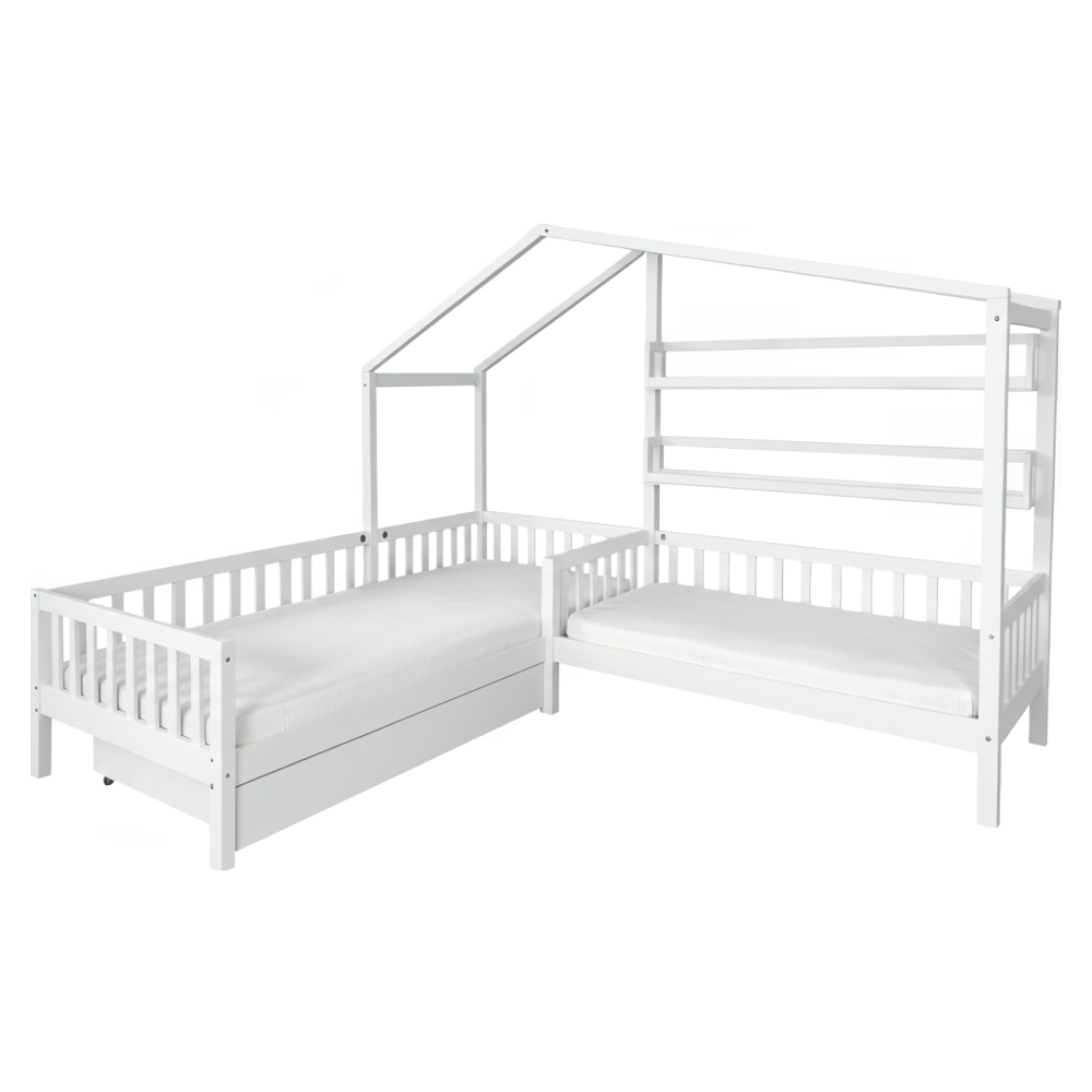 Posteľ s roštom pre 2 deti, 90x200+70x140 cm, biela, ENOLA