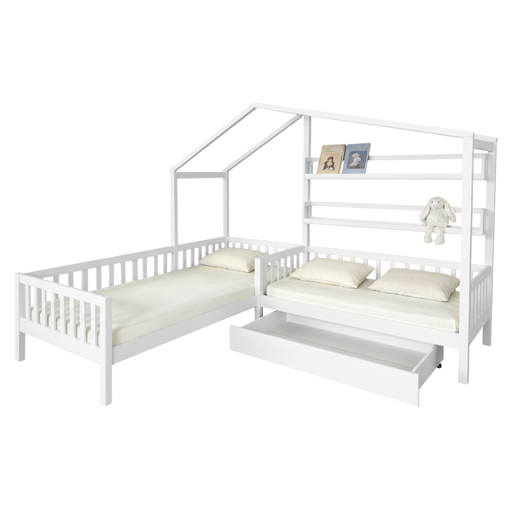 Posteľ s roštom pre 2 deti, 90x200+70x140 cm, biela, ENOLA