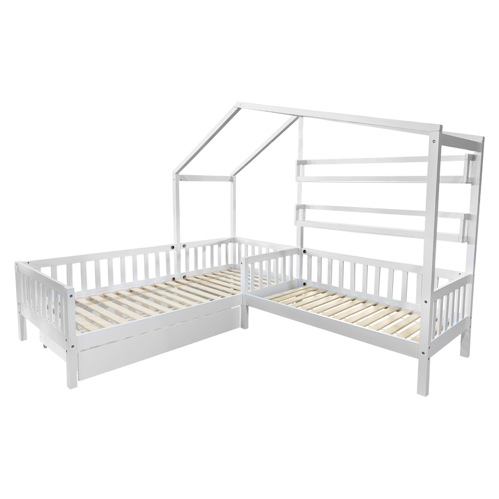 Posteľ s roštom pre 2 deti, 90x200+70x140 cm, biela, ENOLA