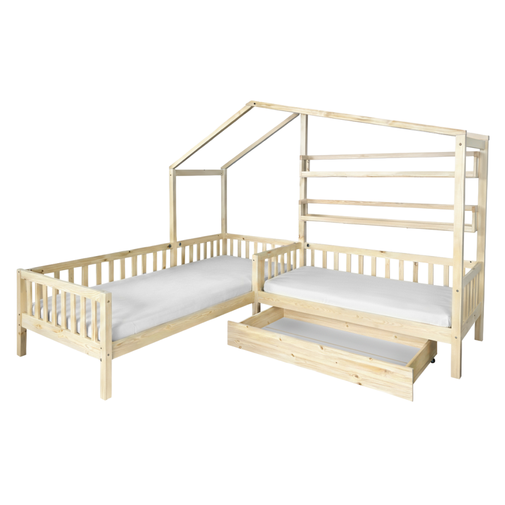 Posteľ s roštom pre 2 deti, 90x200+70x140 cm, prírodná, ENOLA