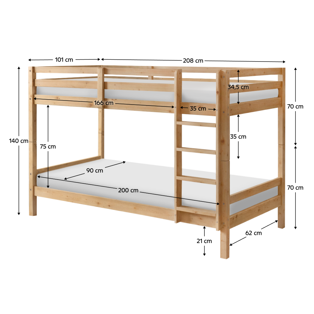 Poschodová posteľ, 90x200, masívne drevo, prírodná, INEZA