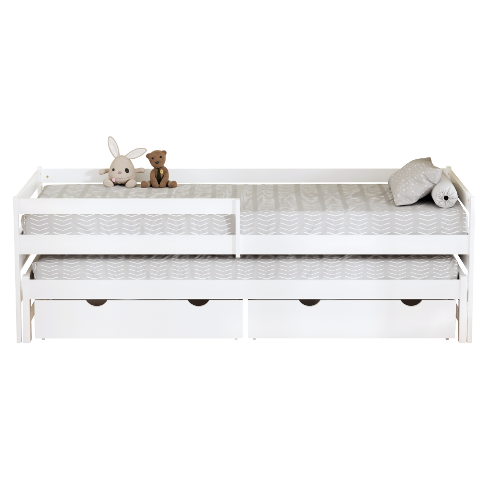 Posteľ s prístelkou a úložným priestorom, 90x200, biela, ELARA