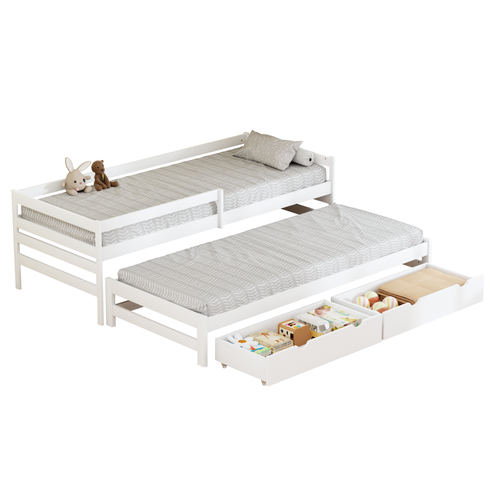 Posteľ s prístelkou a úložným priestorom, 90x200, biela, ELARA