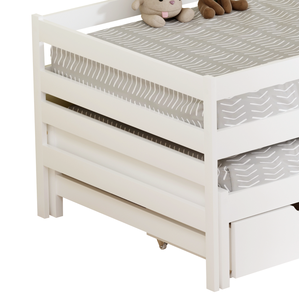 Posteľ s prístelkou a úložným priestorom, 90x200, biela, ELARA