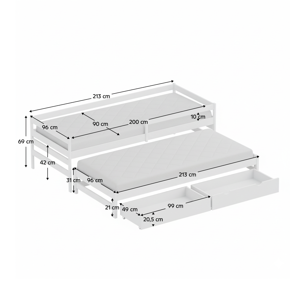 Posteľ s prístelkou a úložným priestorom, 90x200, biela, ELARA