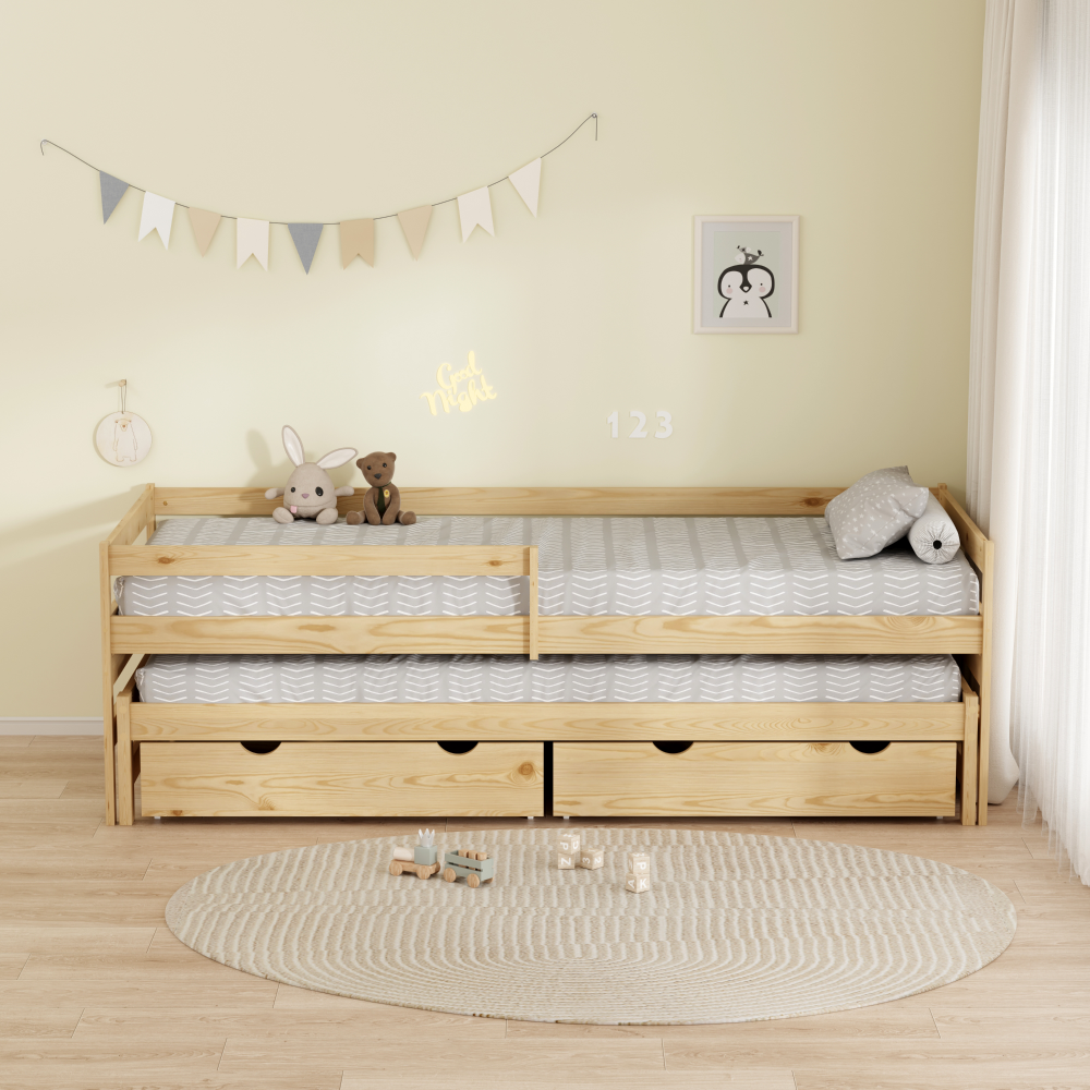 Posteľ s prístelkou a úložným priestorom, 90x200, prírodná, ELARA
