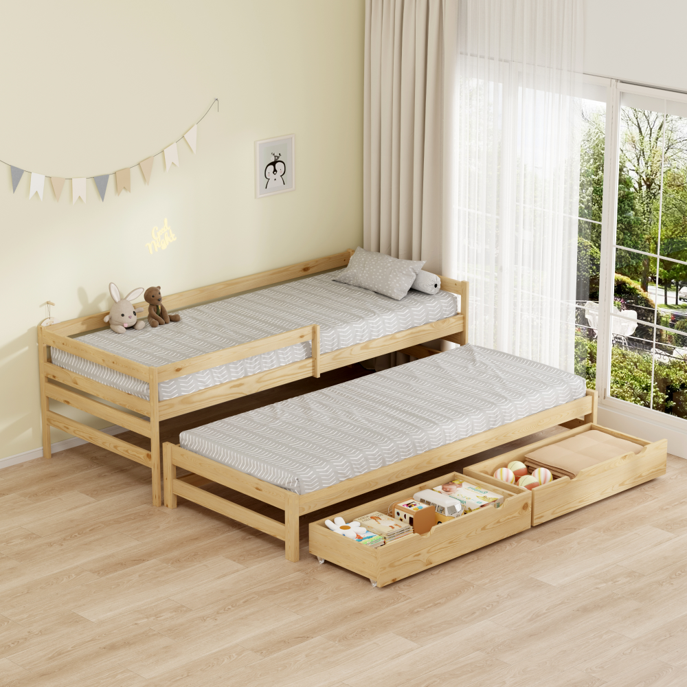 Posteľ s prístelkou a úložným priestorom, 90x200, prírodná, ELARA