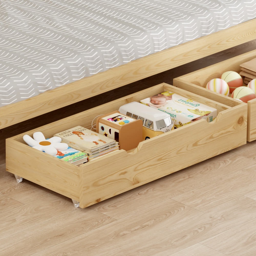 Posteľ s prístelkou a úložným priestorom, 90x200, prírodná, ELARA