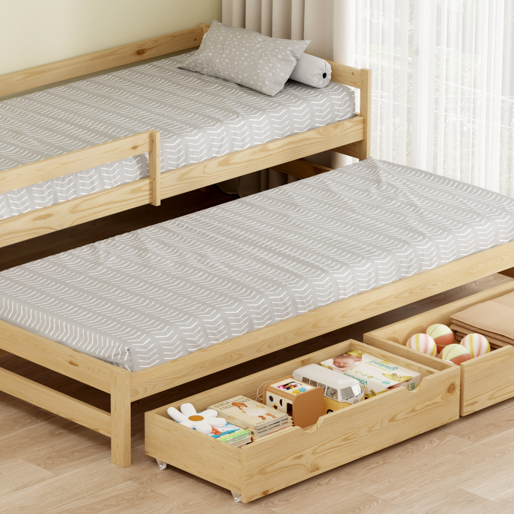 Posteľ s prístelkou a úložným priestorom, 90x200, prírodná, ELARA