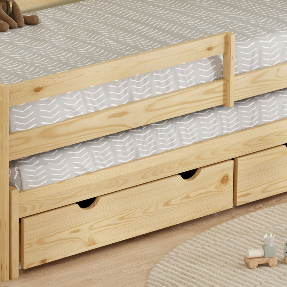 Posteľ s prístelkou a úložným priestorom, 90x200, prírodná, ELARA