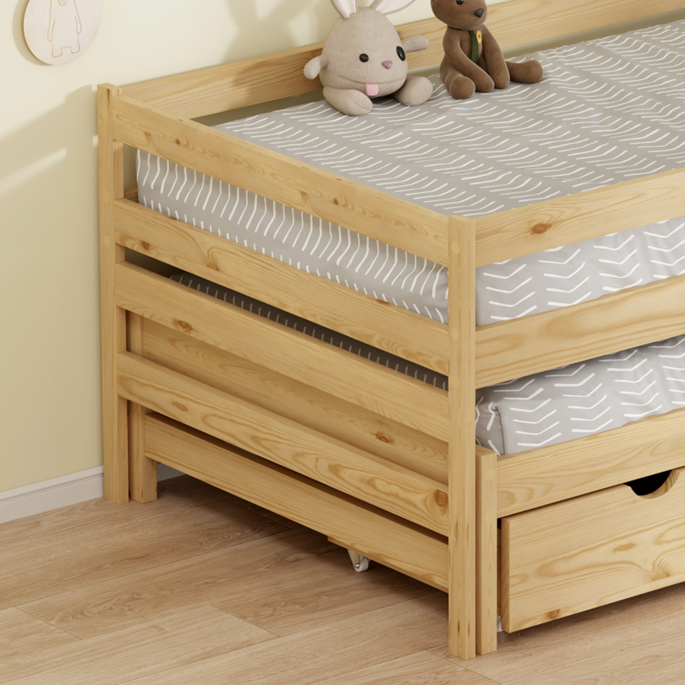 Posteľ s prístelkou a úložným priestorom, 90x200, prírodná, ELARA