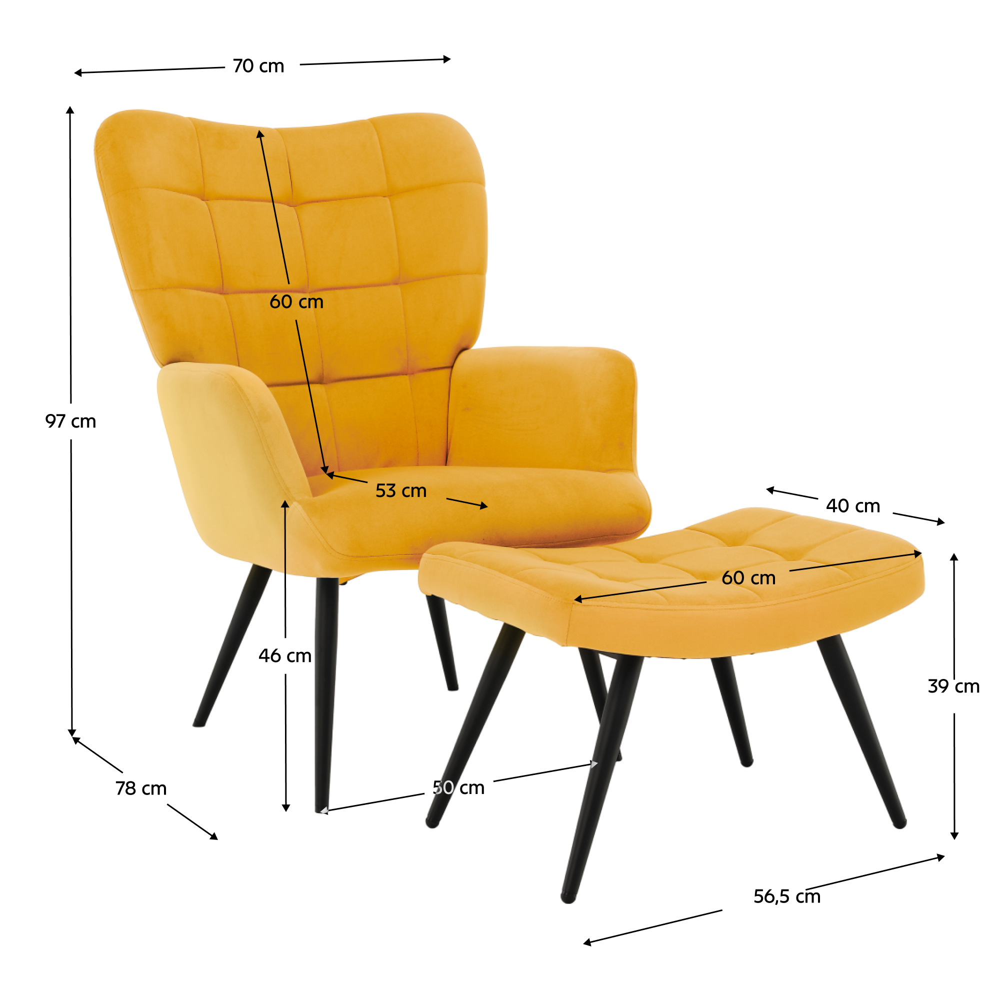 Kreslo s podnožou, žltá Velvet látka/čierna, HABEN
