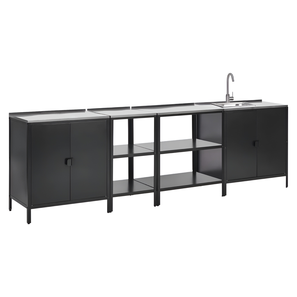 4-dielna záhradná kuchynská linka s drezom, oceľ, čierna, INES