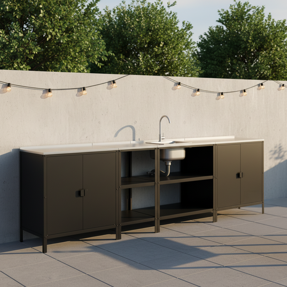 Záhradný kuchynský ostrovček, oceľ, čierna, INES TYP 1
