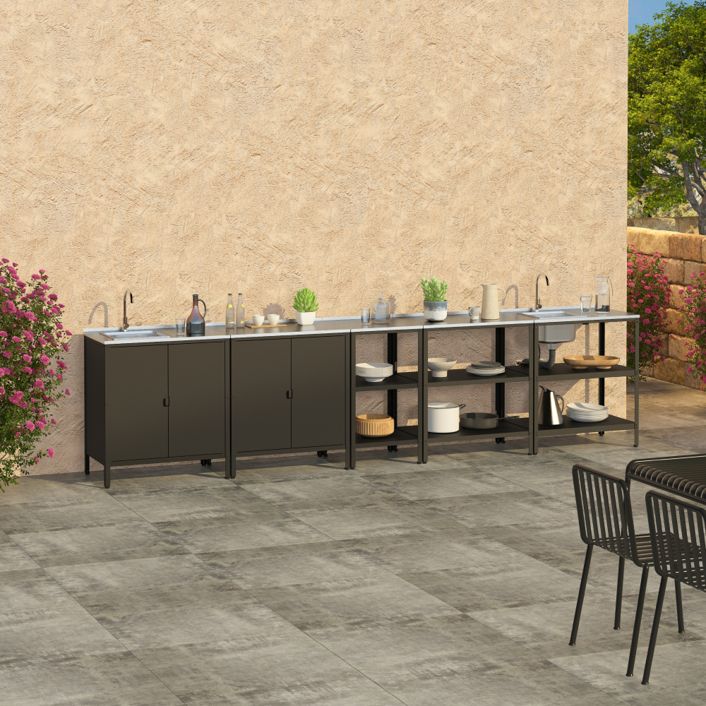 Záhradná kuchynská skrinka s drezom, oceľ, čierna, INES TYP 5