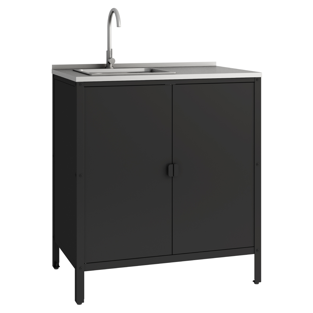 Záhradná kuchynská skrinka s drezom, oceľ, čierna, INES TYP 5