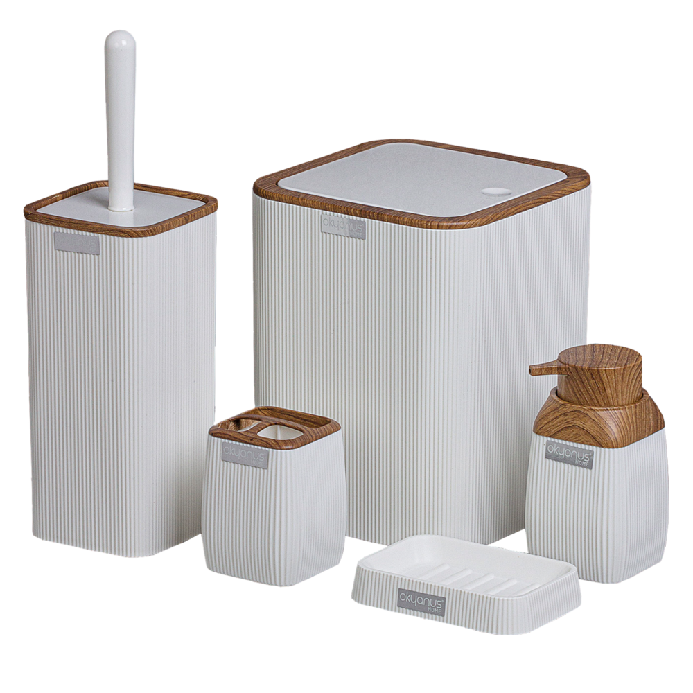 Sada koupelnových doplňků, 5 dílná, bílá/hnědá, MIRKO TYP 2