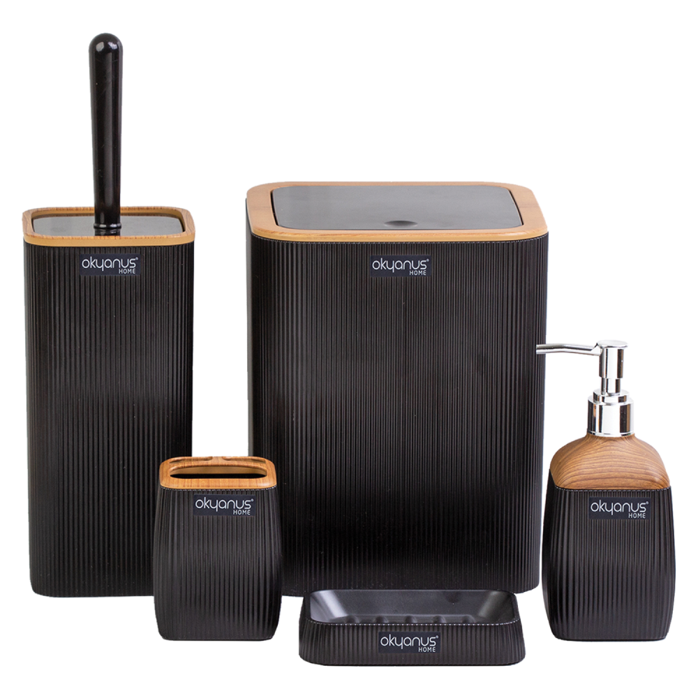 Sada koupelnových doplňků, 5 dílná, černá/hnědá, MIRKO TYP 2