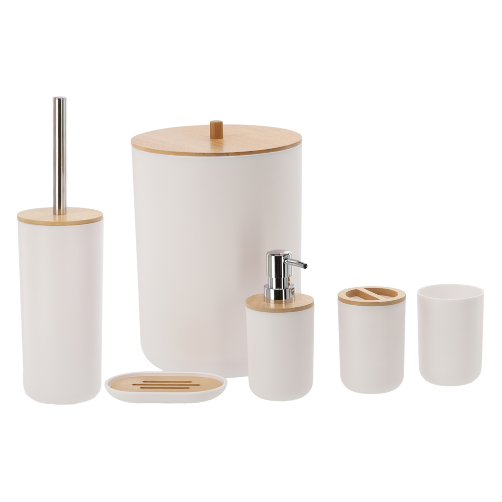 Sada koupelnových doplňků, 6 dílná, bílá/přírodní, KATREL