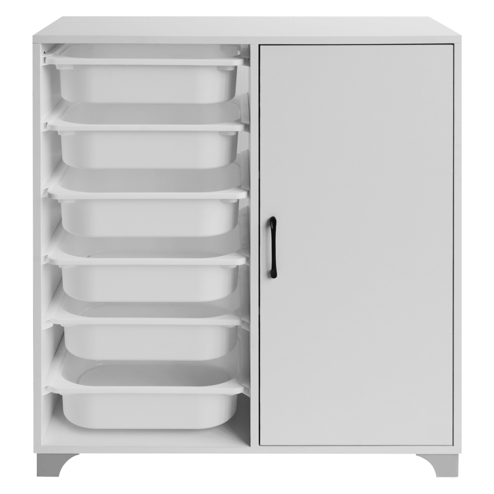 Regál/skrinka s úložnými boxmi, biela, VELTO