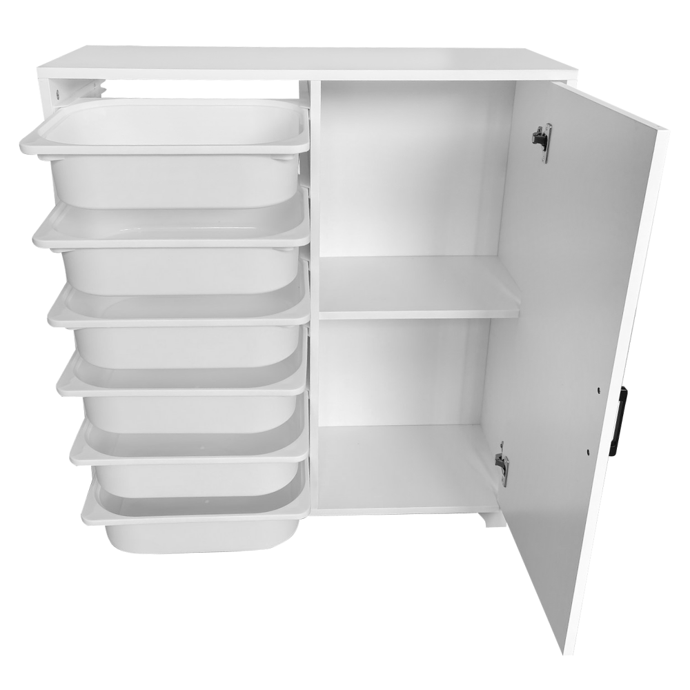 Regál/skrinka s úložnými boxmi, biela, VELTO