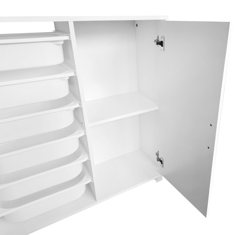 Regál/skrinka s úložnými boxmi, biela, VELTO