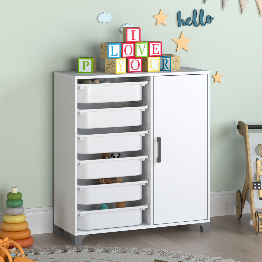 Regál/skrinka s úložnými boxmi, biela, VELTO