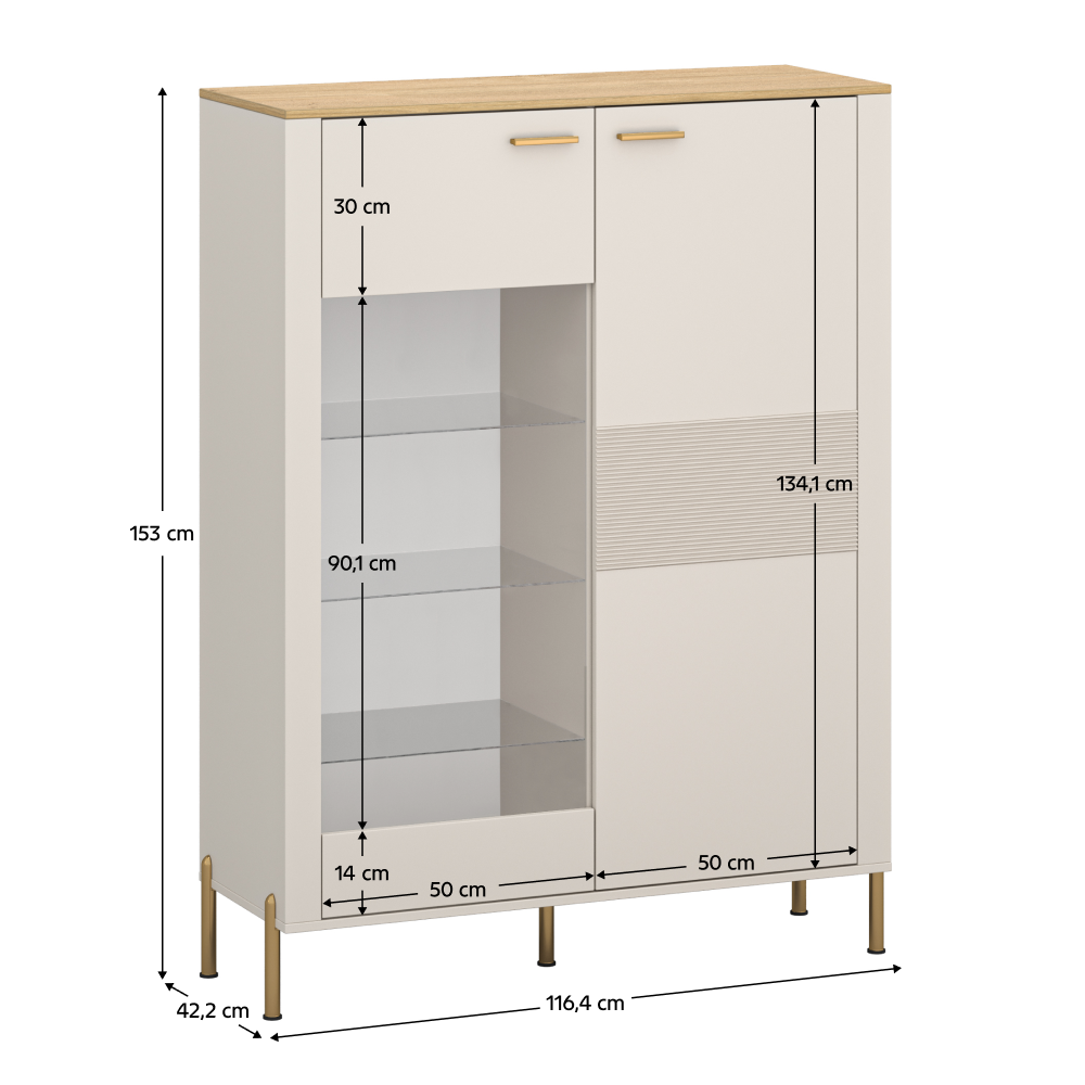 Nízka vitrína, kašmír/dub kamenný, RUNOL 1D1W