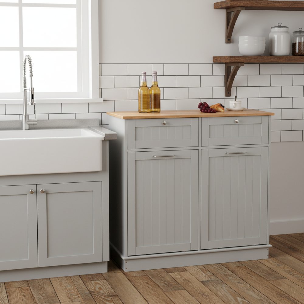 Výklopná skrinka s odpadkovým košom, sivá/bambus, DELINS TYP 2