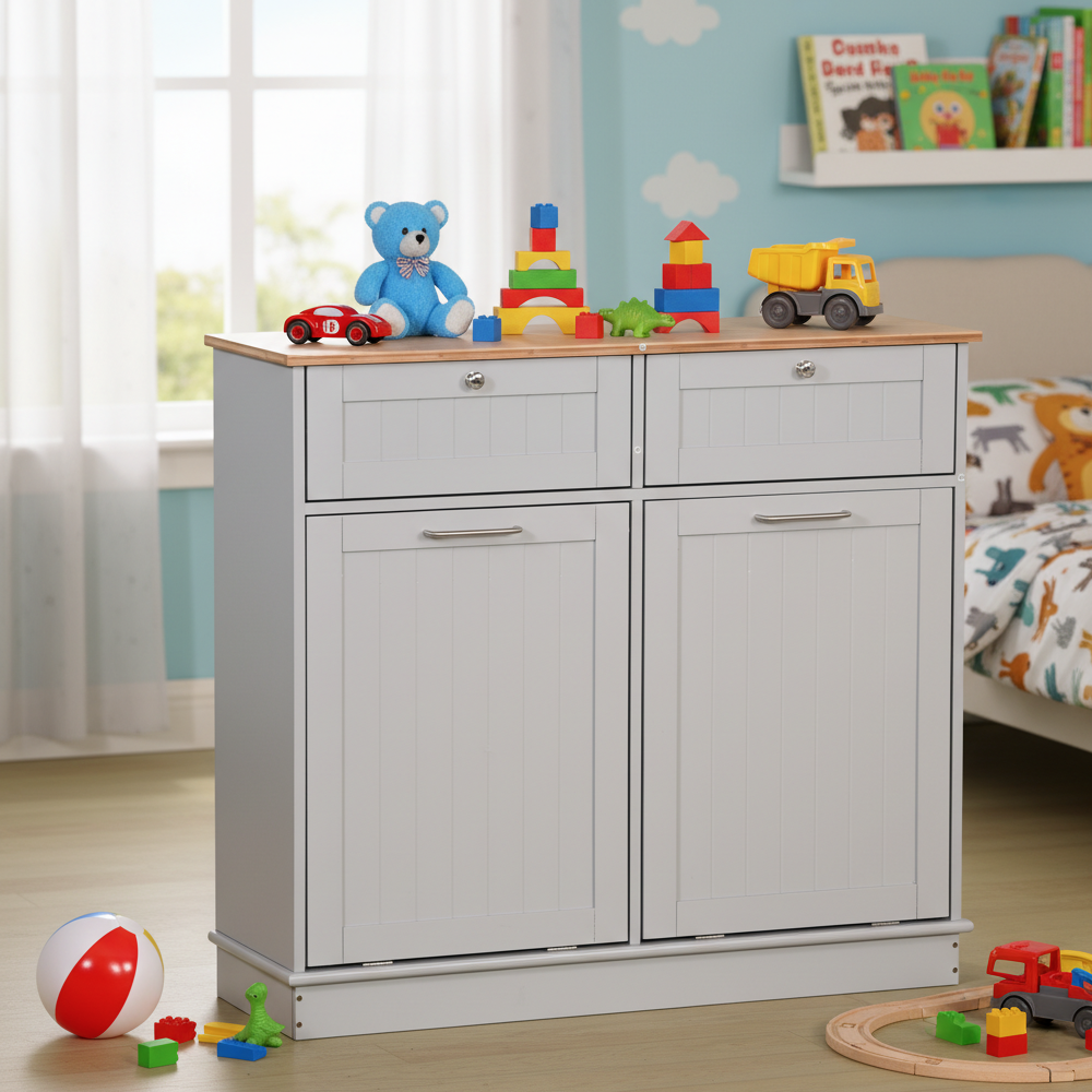 Výklopná skrinka s odpadkovým košom, sivá/bambus, DELINS TYP 2