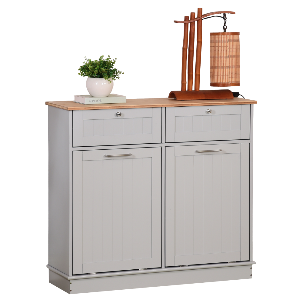 Výklopná skrinka s odpadkovým košom, sivá/bambus, DELINS TYP 2