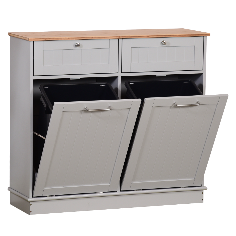 Výklopná skrinka s odpadkovým košom, sivá/bambus, DELINS TYP 2