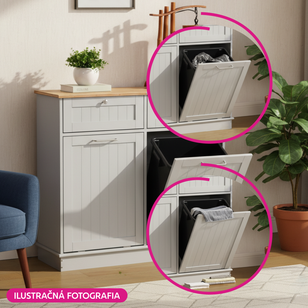 Výklopná skrinka s odpadkovým košom, sivá/bambus, DELINS TYP 2