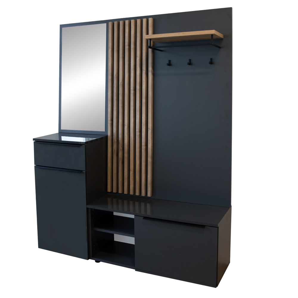 Predsieňová zostava, antracit extra vysoký lesk HG/dub artisan, ALIVA V2