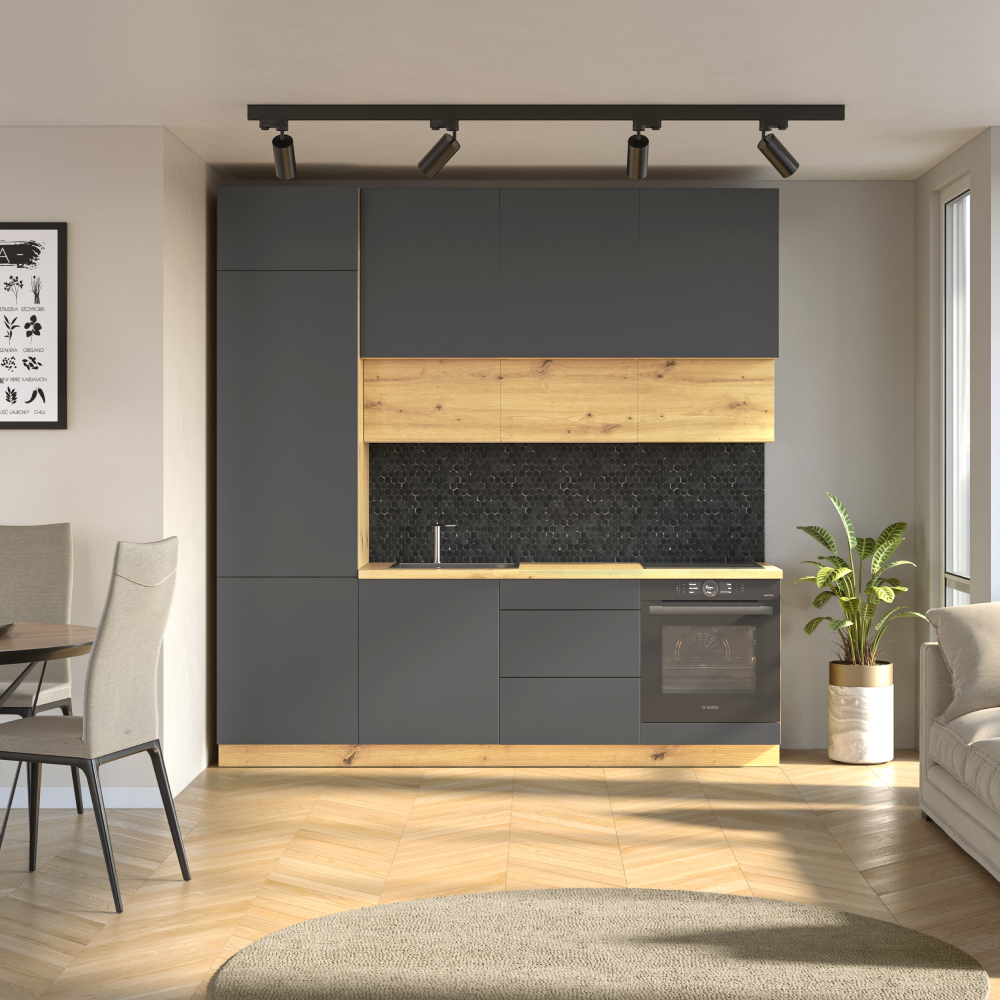 Kuchynská linka, 2,4 m, sivá/dub artisan, VINETU