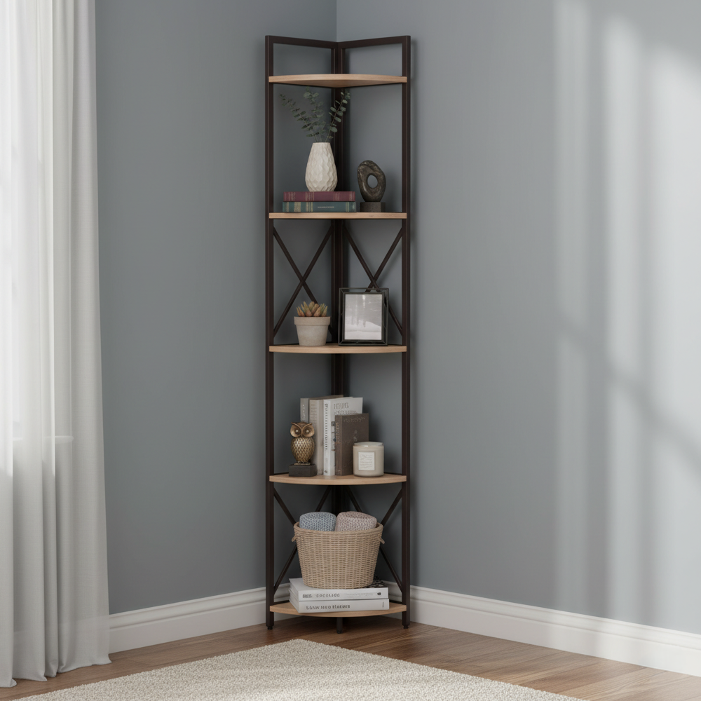 Rohový regál s policami, dub/čierna, PASOKO