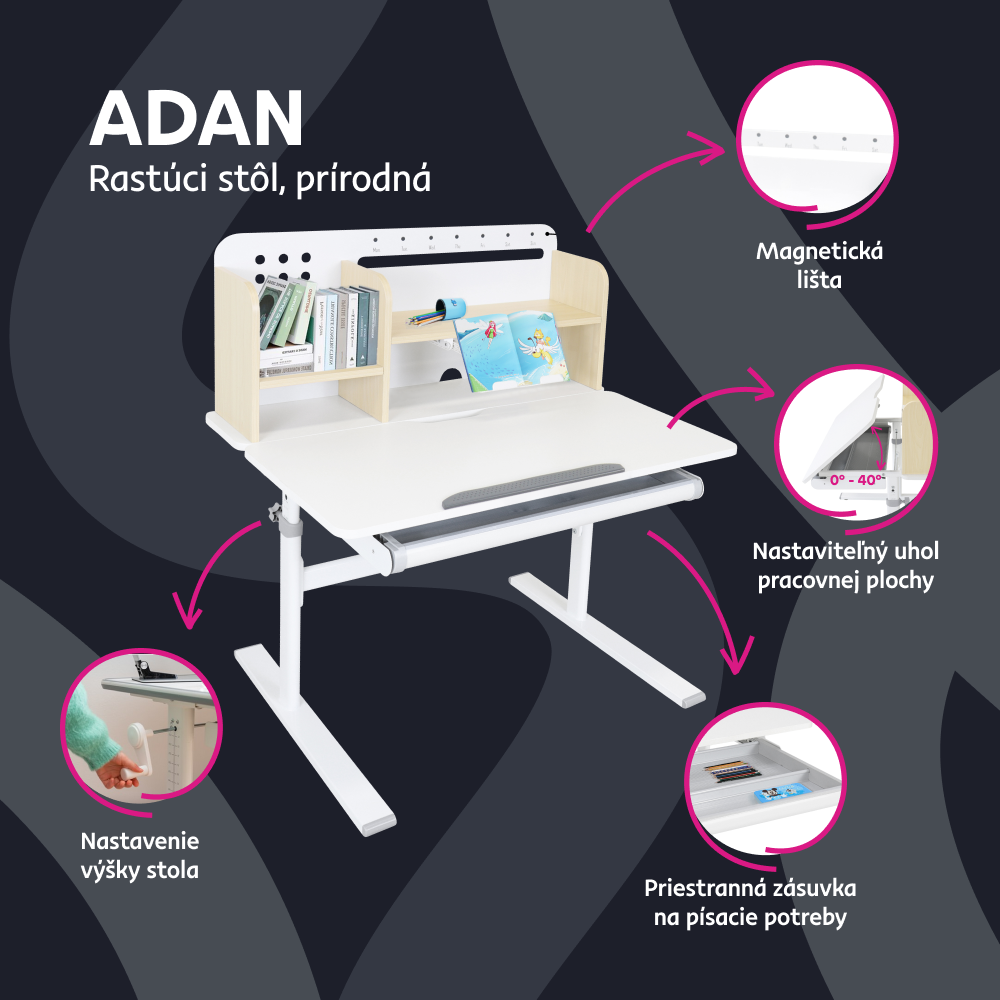 Rastúci písací stôl, prírodná/biela, ADAN