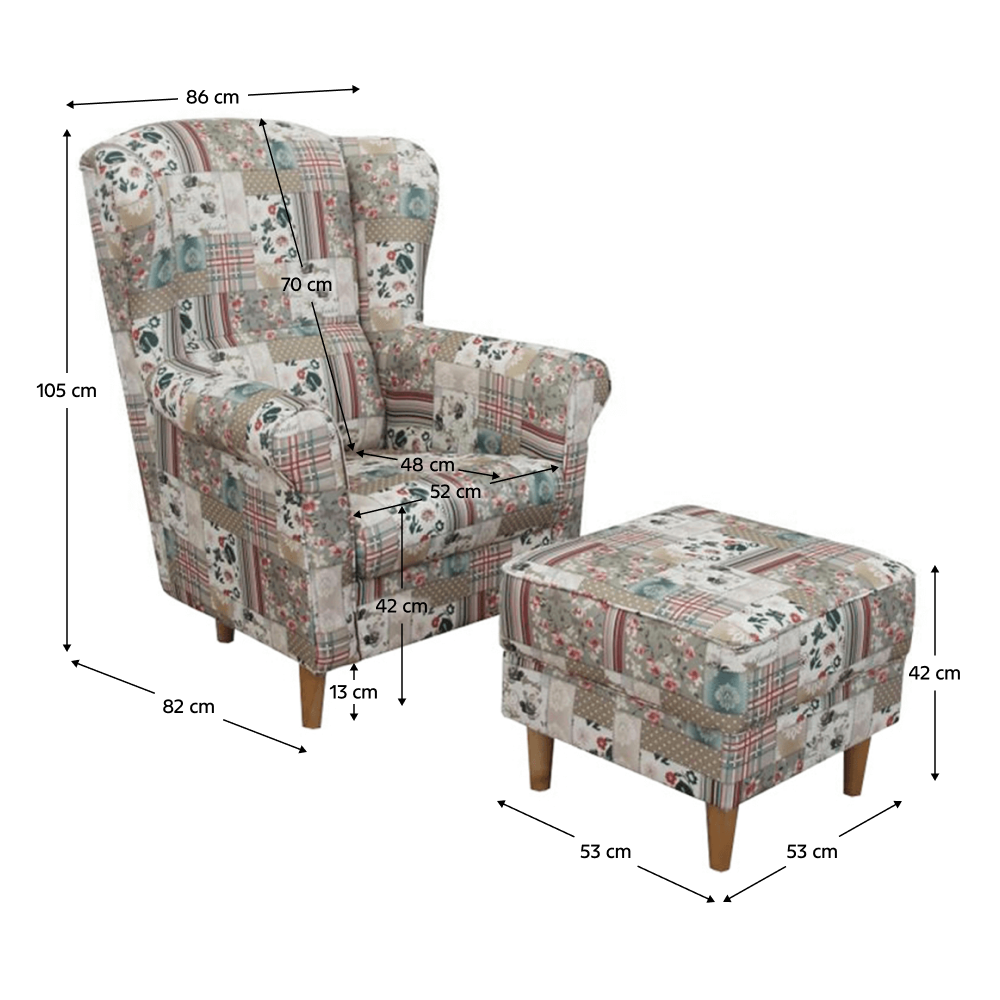 Kreslo ušiak s taburetom, látka patchwork Viorica 1, ASTRID