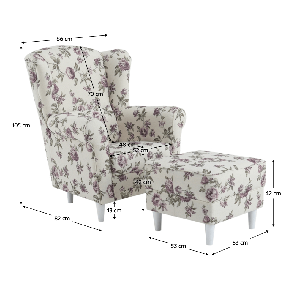 Kreslo ušiak s taburetom, látka rose 18, ASTRID