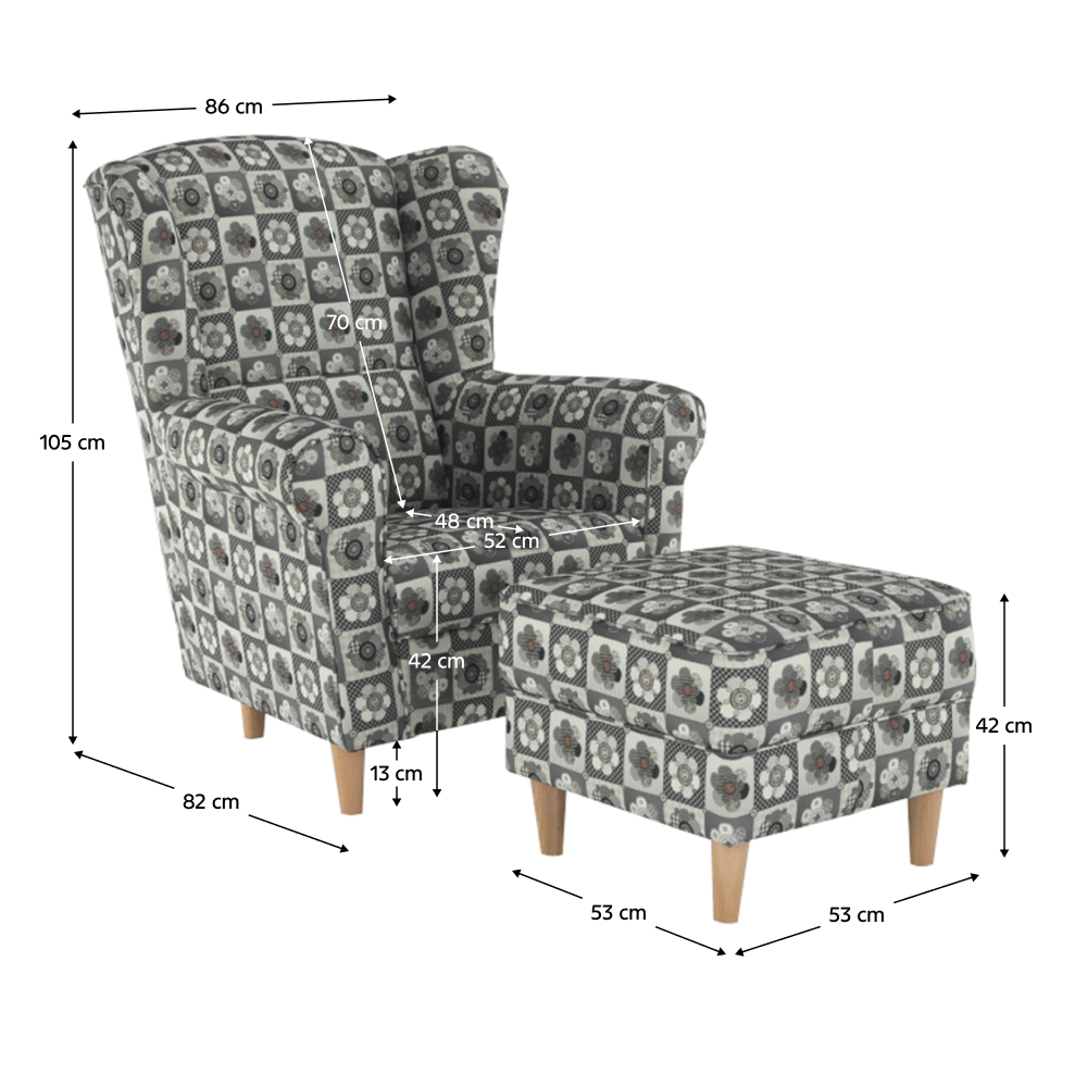 Kreslo ušiak s taburetom, látka patchwork N1, ASTRID