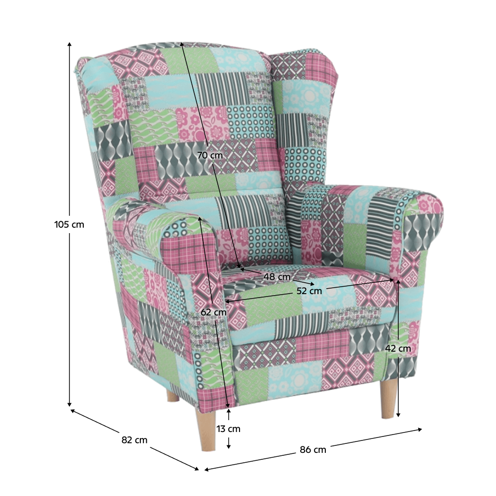 Kreslo ušiak, látka patchwork, CHARLOT