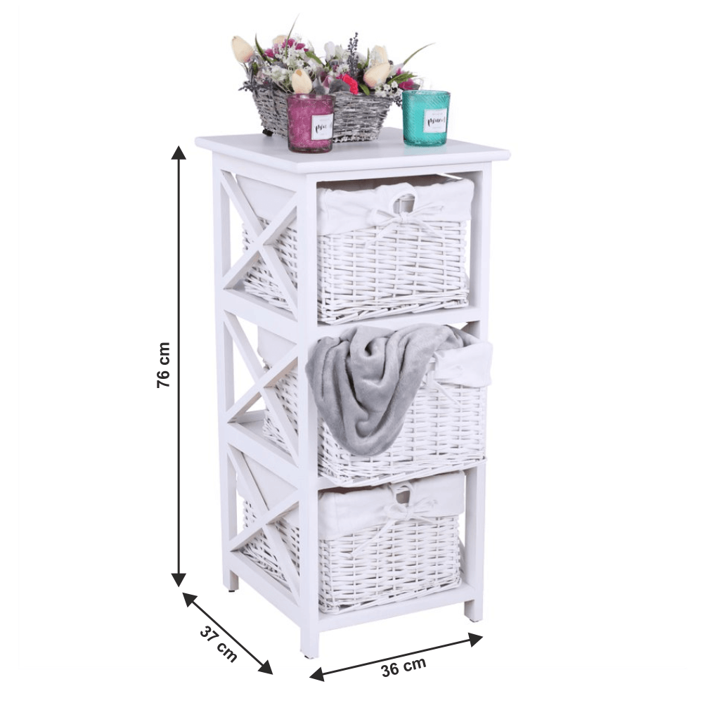 Komód, fa/vesszőfonás/szövet, fehér, RAFAELLO 3 Komód, fa/vesszőfonás/szövet, fehér, RAFAELLO 3