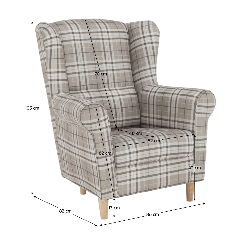 Kreslo ušiak, látka hnedé káro, CHARLOT