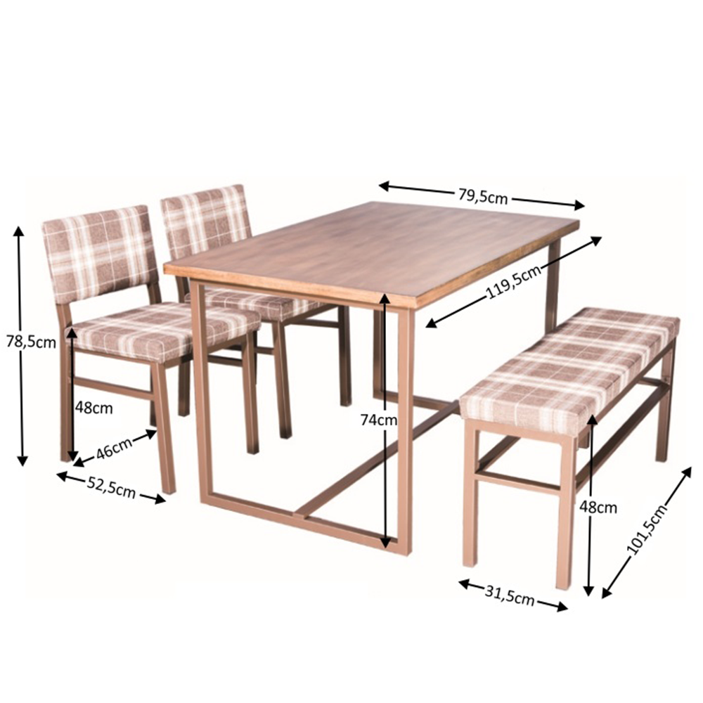 Set dining - masă, bancă, 2 scaune, în carouri/maro/nuc, LAKIN