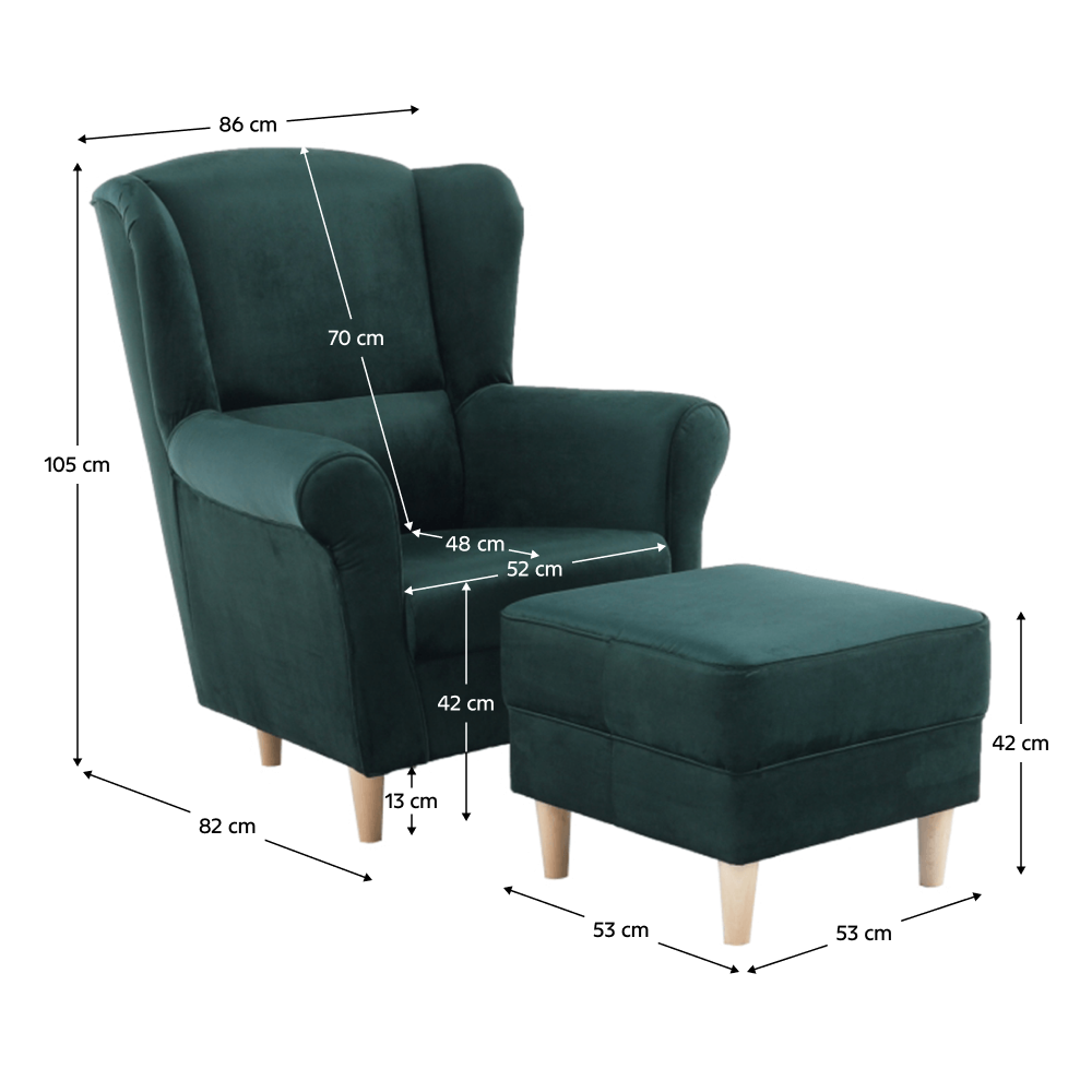 Kreslo ušiak s taburetom, látka smaragdová, ASTRID