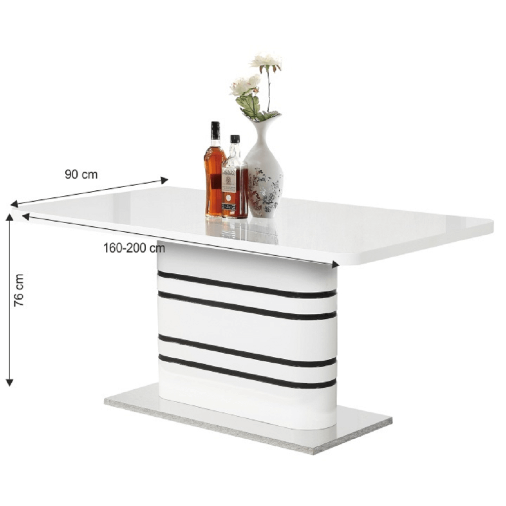Masă dining extensibilă, alb HG extra lucios/dungi negre, 160-200x90 cm, TUBAL