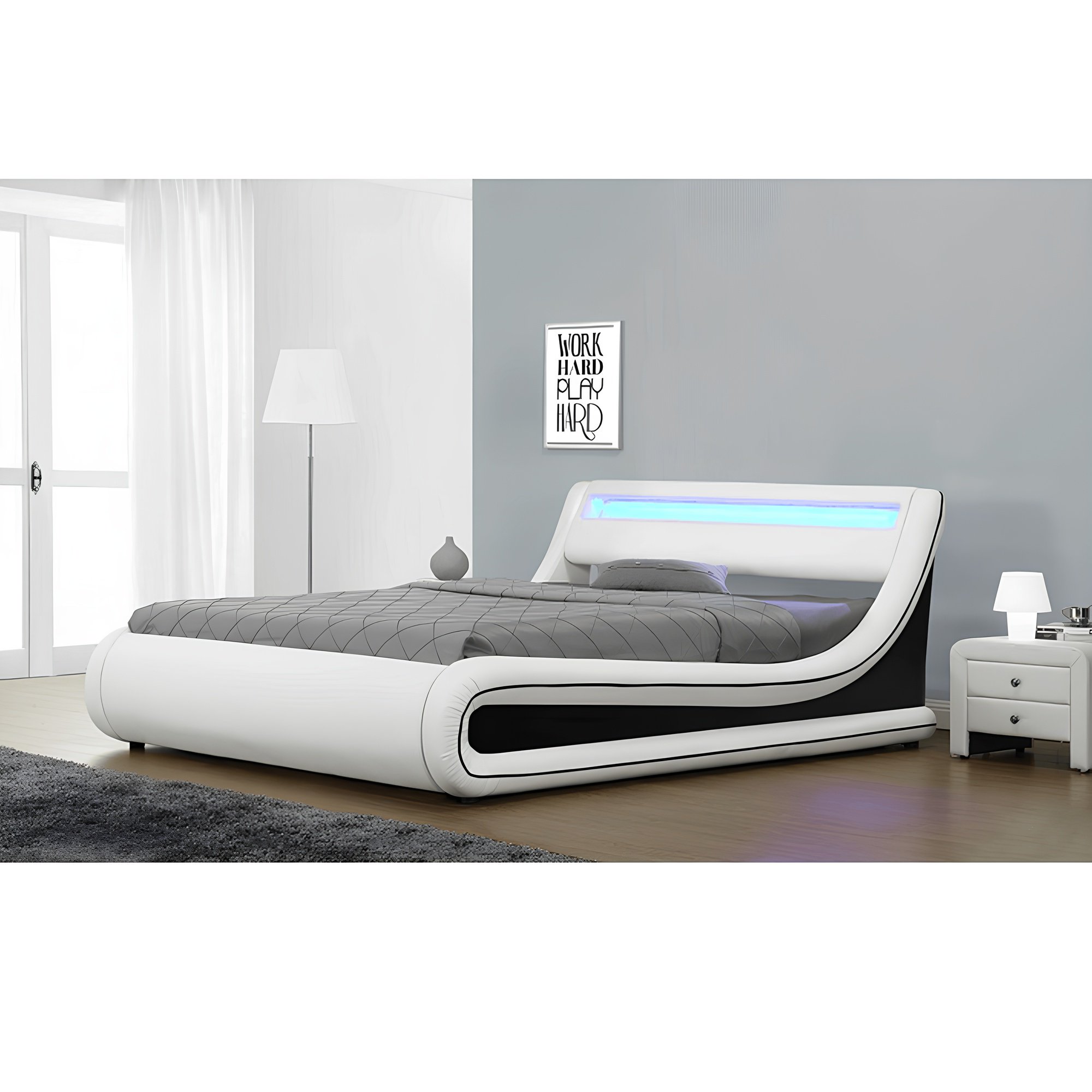 Manželská posteľ s RGB LED osvetlením, biela/čierna, 180x200, MANILA NEW